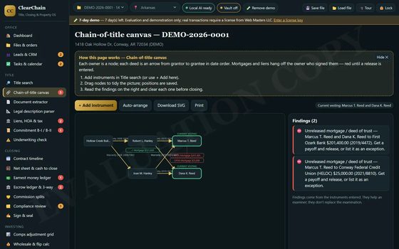 ClearChain: a real screen from the 7-day demo (fictional sample data)